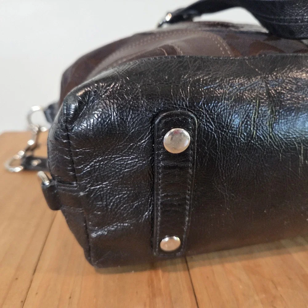 Coach Signature Patchwork Satchel Brown Jacquard Black Leather Shoulder Bag...